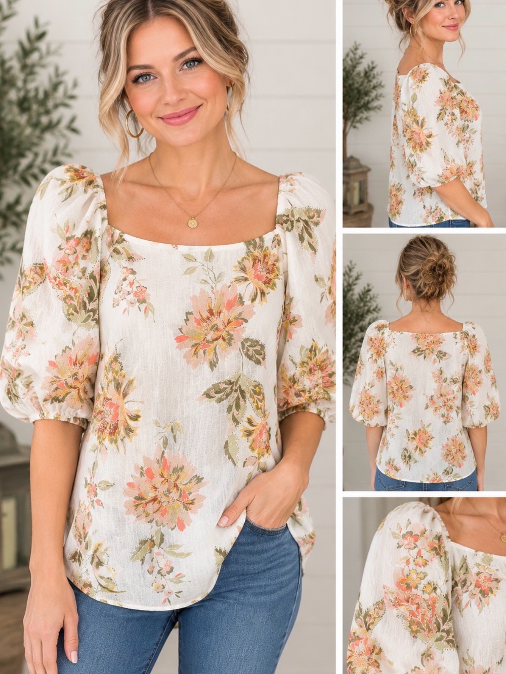 Cato brand Floral Puff-Sleeve Square Neck Top - White/Peach size 14/16W